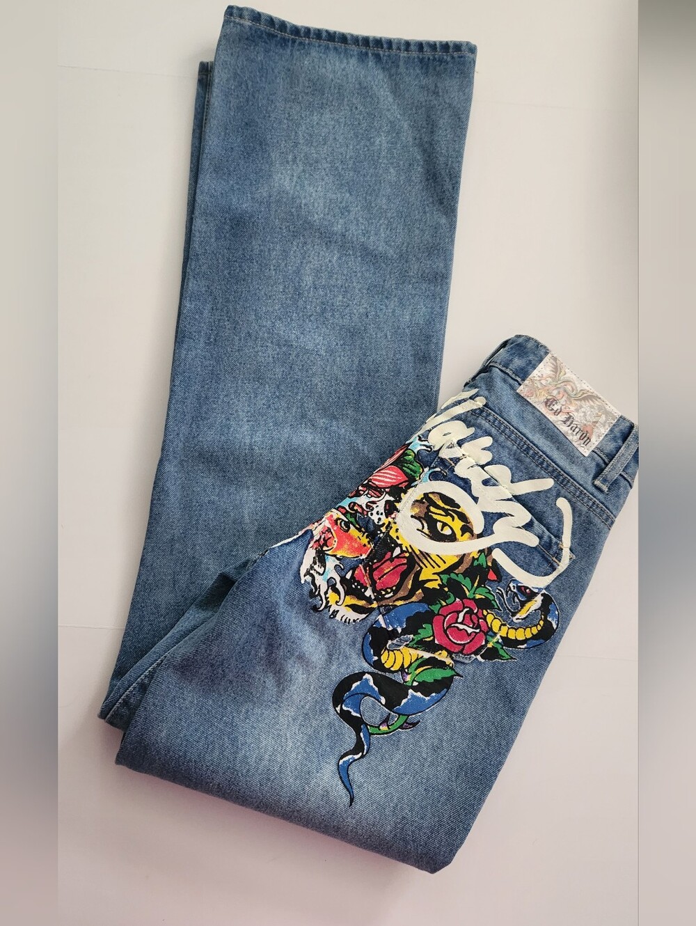Ed Hardy Denim Size 26x32 Dragon Tiger Rose Baggy Jeans 100% Cotton